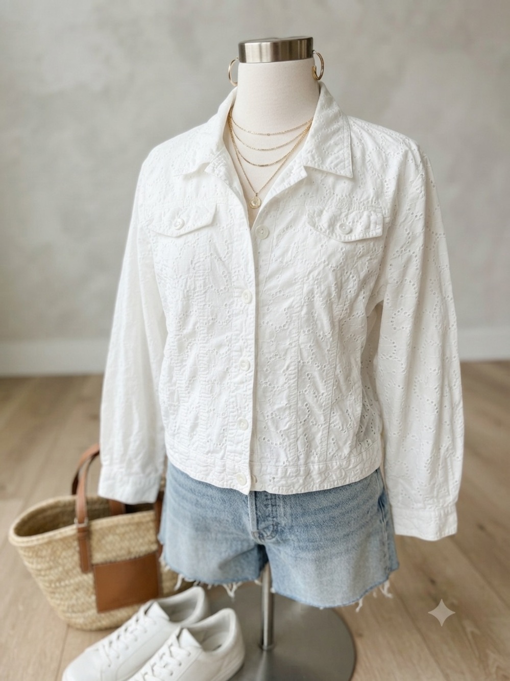 Vintage 90s New IdentityWhite Eyelet Button-Down Shirt Jacket -  L-XL